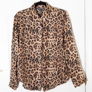 100% Silk Leopard Print Blouse Women's Size Large
